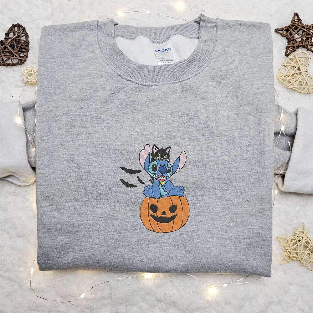 Stitch Sitting On Pumpkin With Black Cat Embroidered Sweatshirt Disney Characters Embroidered Hoodie Best Halloween Gift Ideas