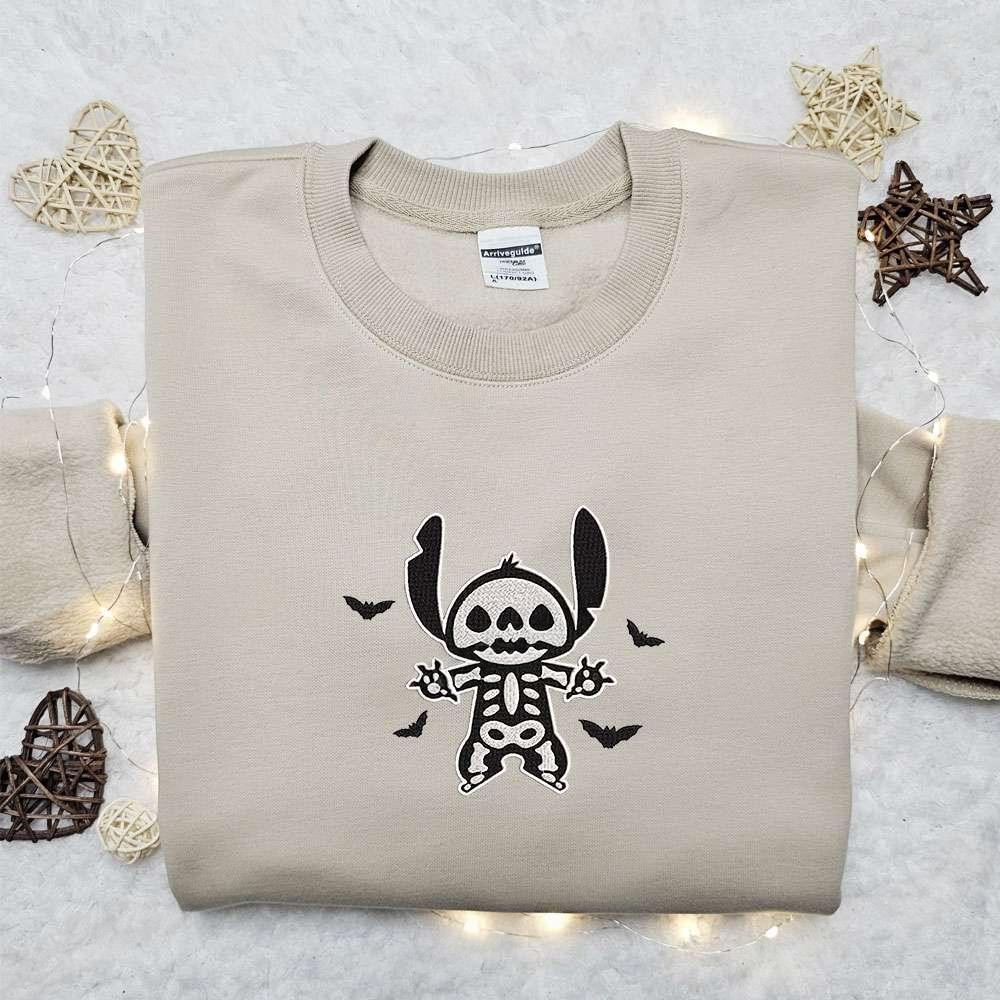 Stitch Skeleton Bats Embroidered Sweatshirt Lilo And Stitch Disney Spooky Embroidered Sweatshirt Best Gift Ideas For Family