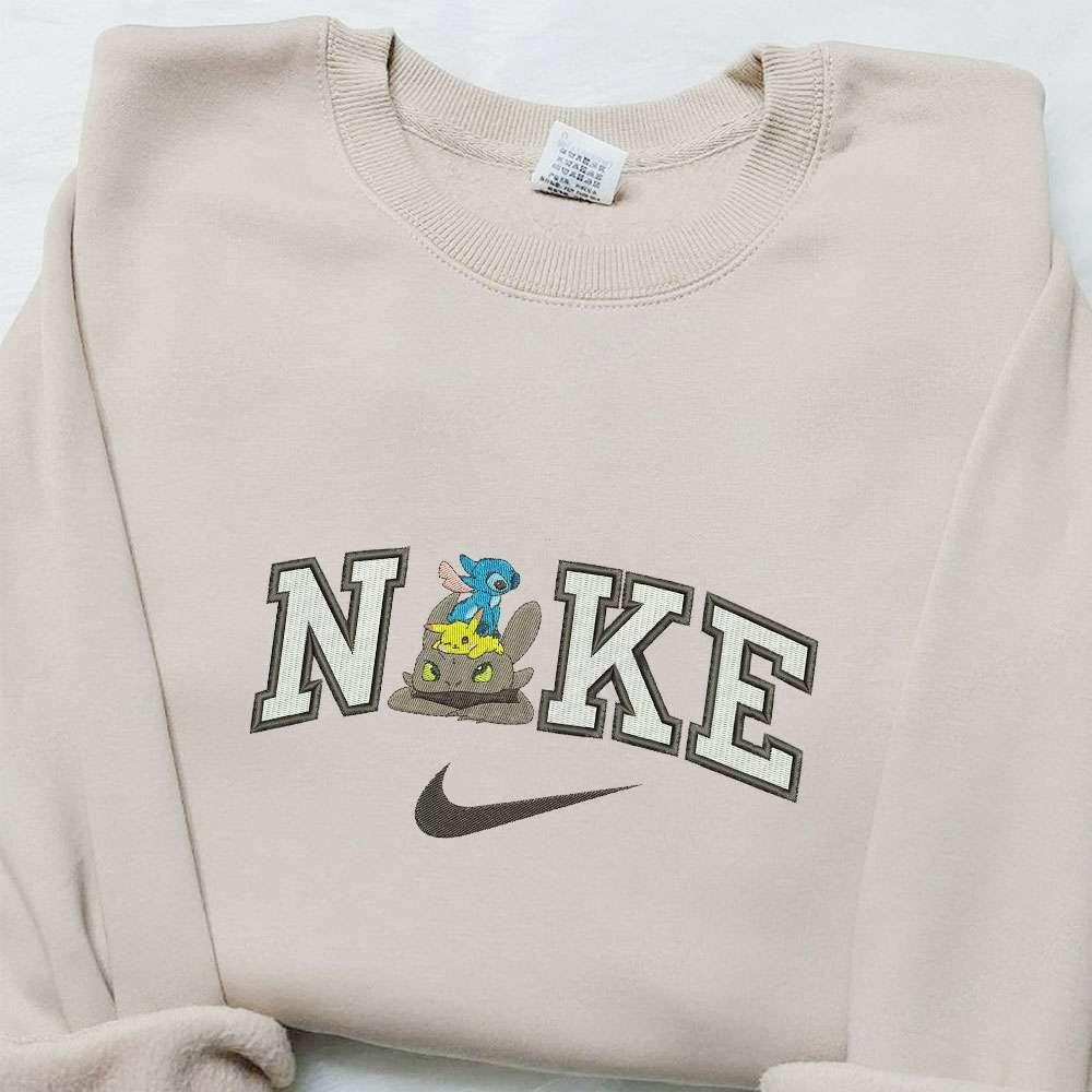 Stitch Toothless Pikachu x Nike Cartoon Embroidered Sweatshirt Nike Inspired Embroidered Hoodie Best Birthday Gift Ideas