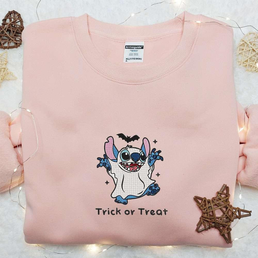 Stitch Trick Or Treat Cute Ghost Embroidered Shirt Disney Characters Embroidered Hoodie Best Halloween Gift Ideas