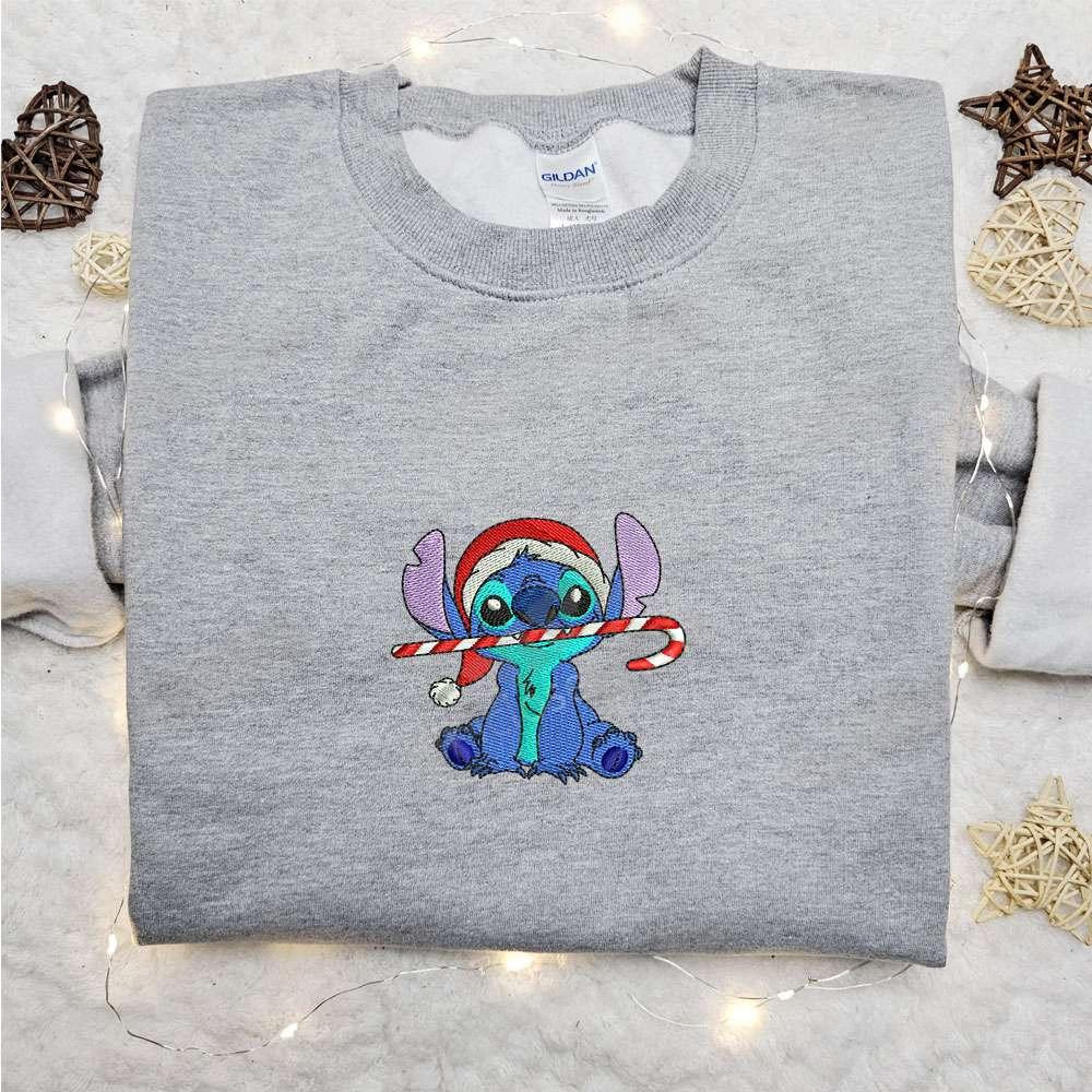 Stitch With Candy Cane Embroidered Shirt Disney Characters Embroidered Hoodie Christmas Embroidered Shirt