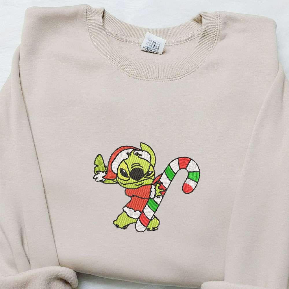 Stitch With Candy Cane Embroidered Shirt Disney Characters Embroidered Hoodie Christmas Embroidered Sweatshirt