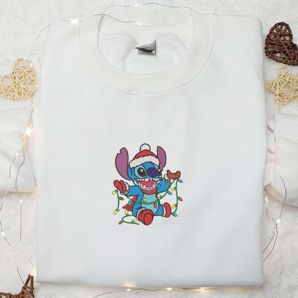 Stitch With Christmas Lights Embroidered Shirt Disney Characters Embroidered Hoodie Christmas Embroidered Shirt