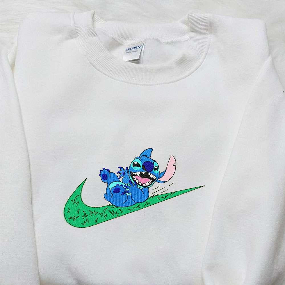 Stitch x Nike Swoosh Cartoon Embroidered Tshirt Nike Inspired Embroidered Shirt Best Gift for