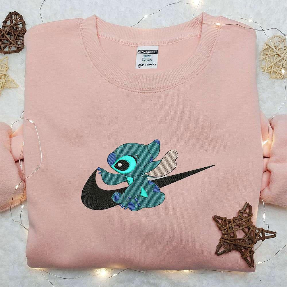 Stitch x Nike Swoosh Embroidered Sweatshirt Lilo and Stitch Cartoon Embroidered Shirt Nike Inspired Embroidered Shirt