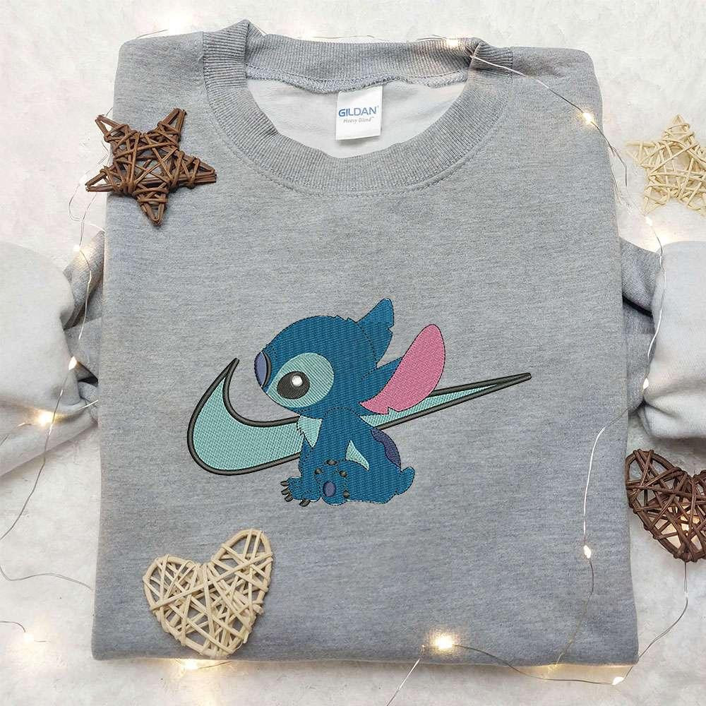 Stitch x Nike Swoosh Embroidered Sweatshirt Lilo and Stitch Cartoon Embroidered Shirt Nike Inspired Embroidered Shirt