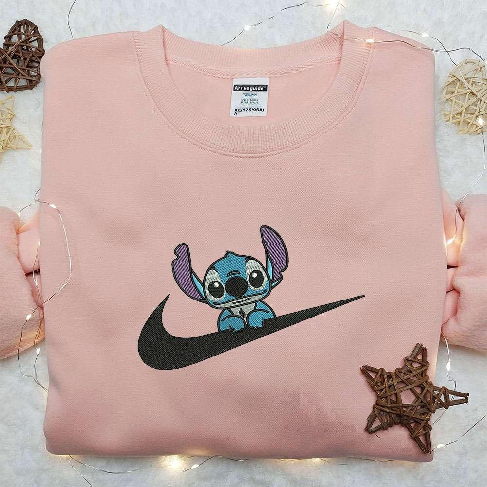 Stitch x Nike Swoosh Embroidered Sweatshirt Lilo and Stitch Cartoon Embroidered Shirt Nike Inspired Embroidered Shirt