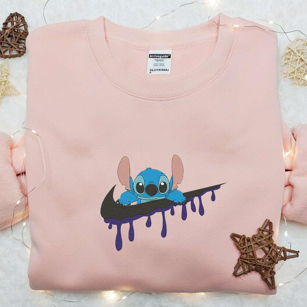 Stitch x Swoosh Cartoon Embroidered Sweatshirt Nike Inspired Embroidered Hoodie Best Gift Ideas for Family