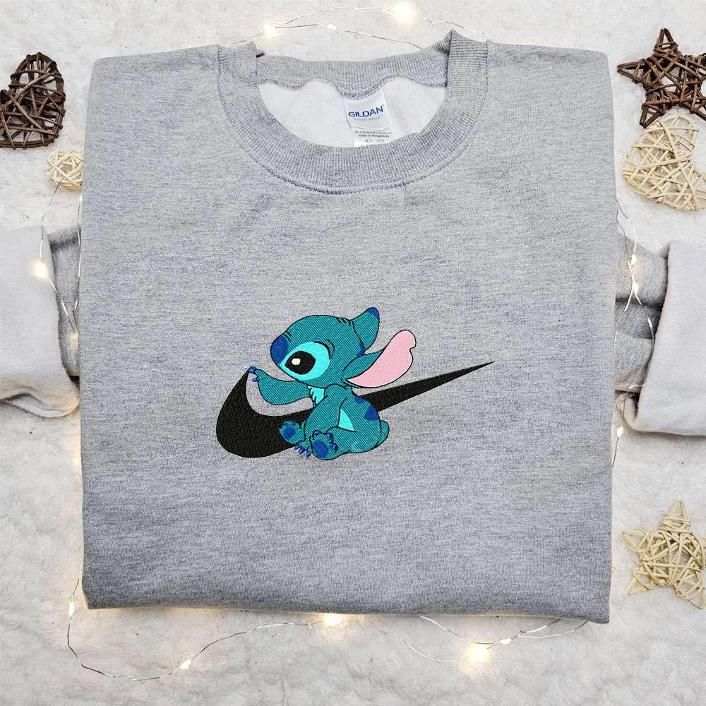 Stitch x Swoosh Embroidered Sweatshirt Disney Characters Embroidered Hoodie Best Gift Ideas for Family
