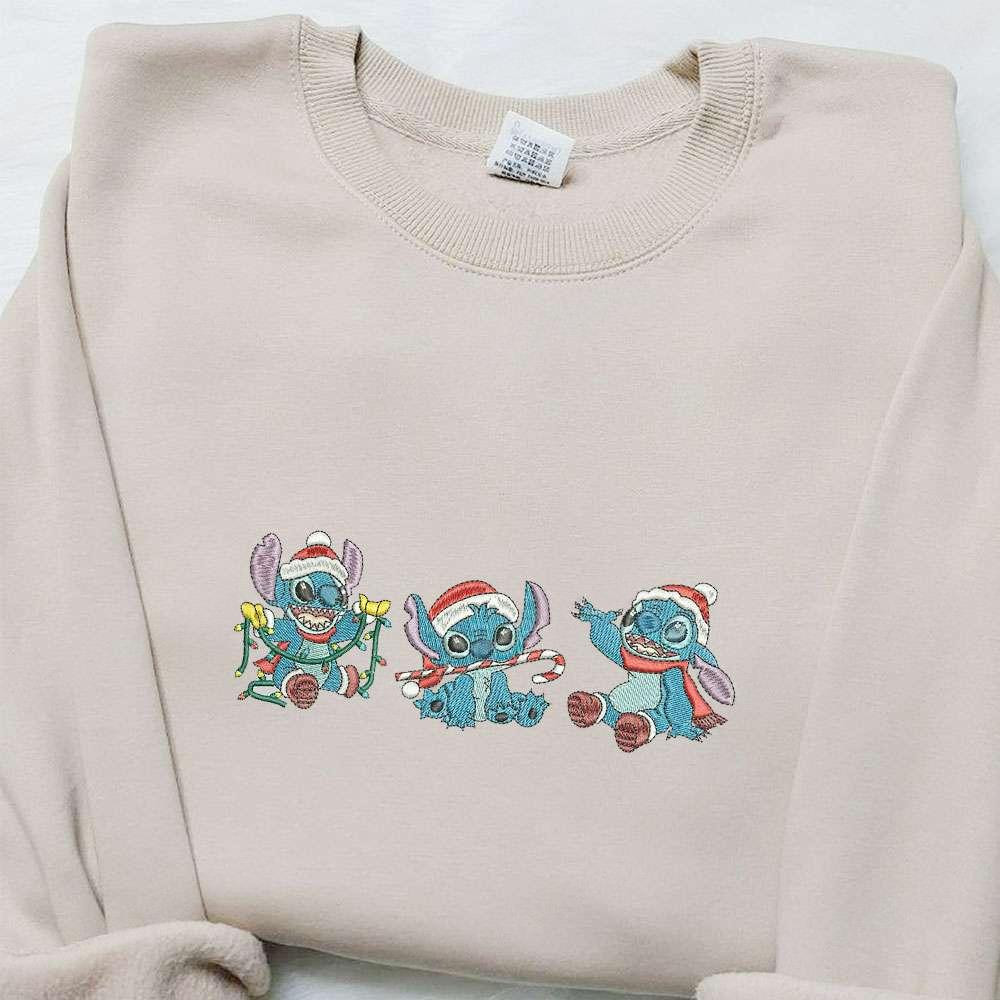 Stitch Xmas Embroidered Shirt Disney Characters Embroidered Hoodie Christmas Embroidered Shirt
