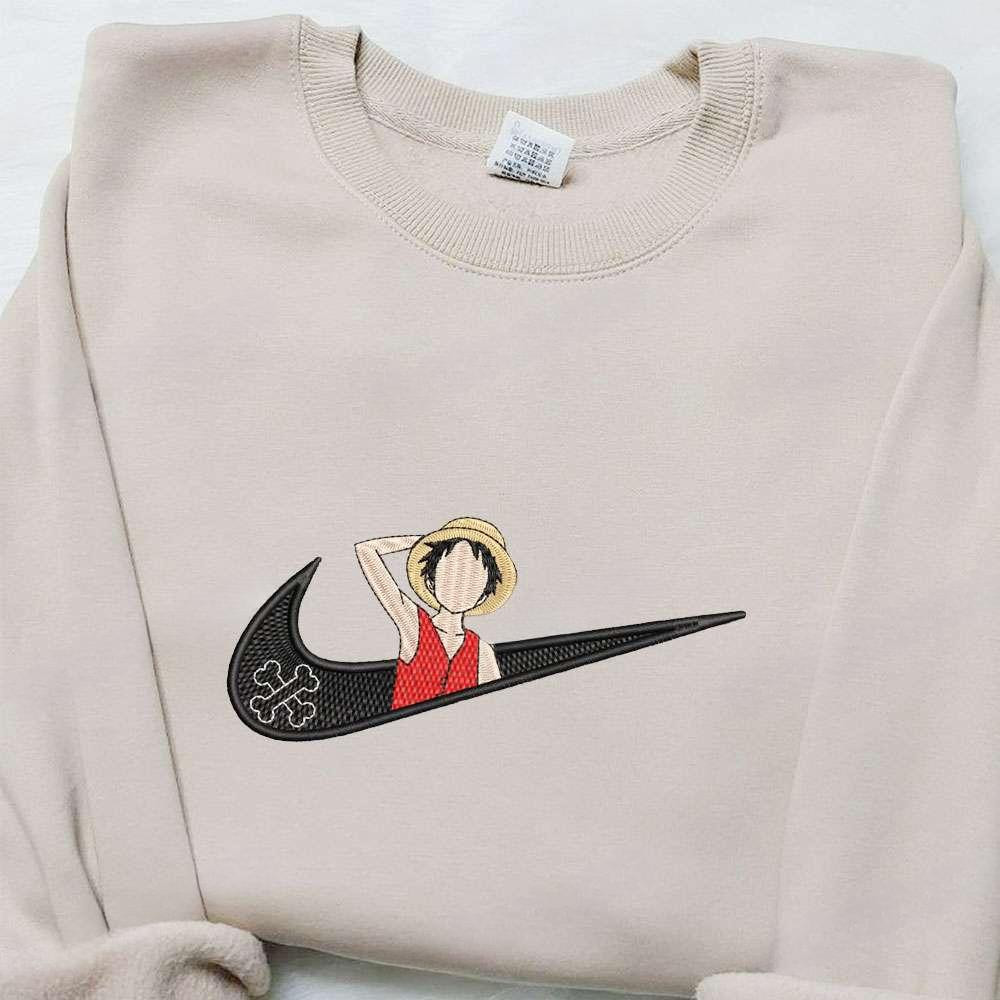 Swoosh X Monkey D Luffy Anime , Anime Embroidered T-shirt Sweatshirt Hoodie, Inspired Anime Movie, Best Gift for Anime Fans
