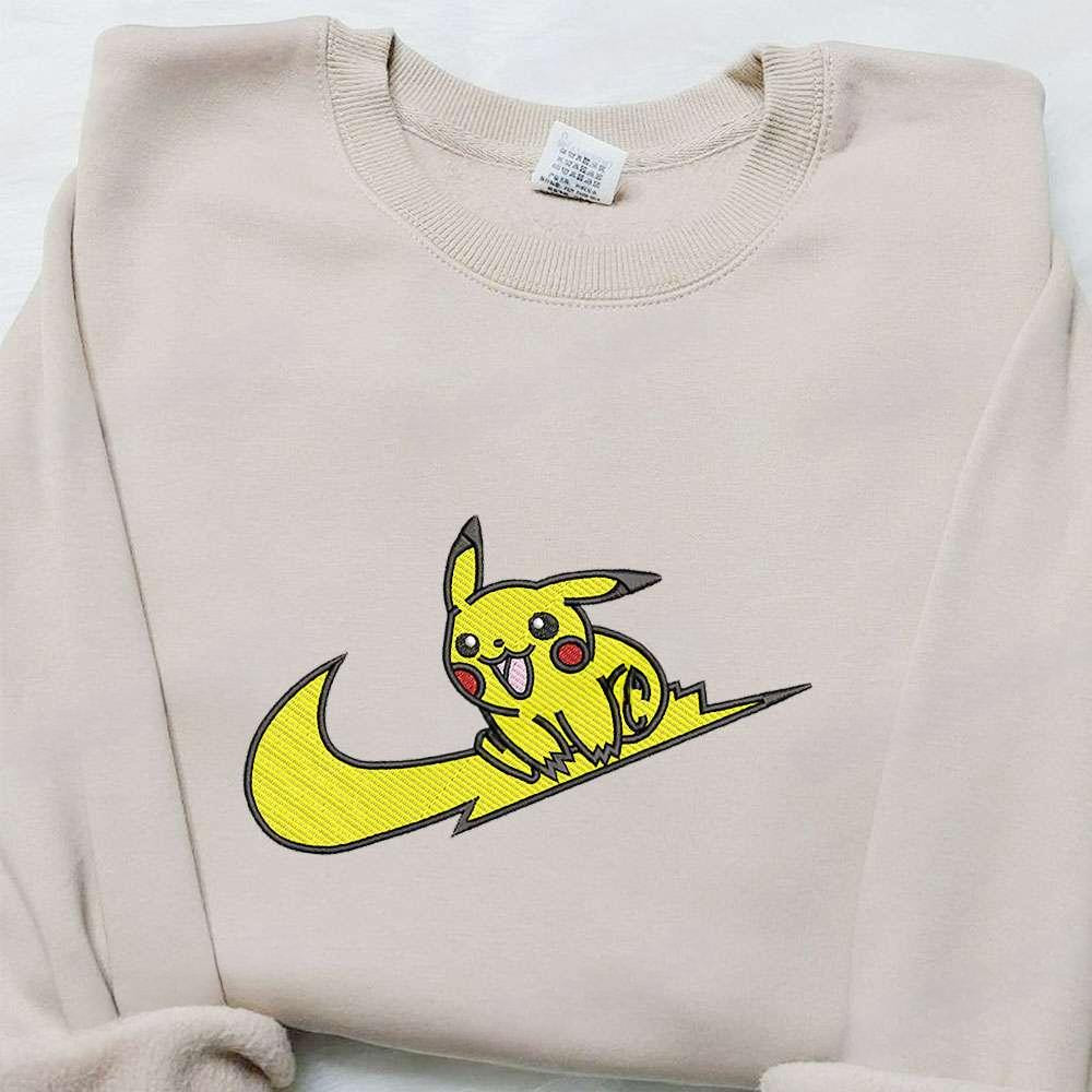 Swoosh X Pikachu Anime Embroidered Shirt Pokemon Embroidered T Shirt , Anime Embroidered T-shirt Sweatshirt Hoodie, Inspired Anime Movie, Best Gift for Anime Fans