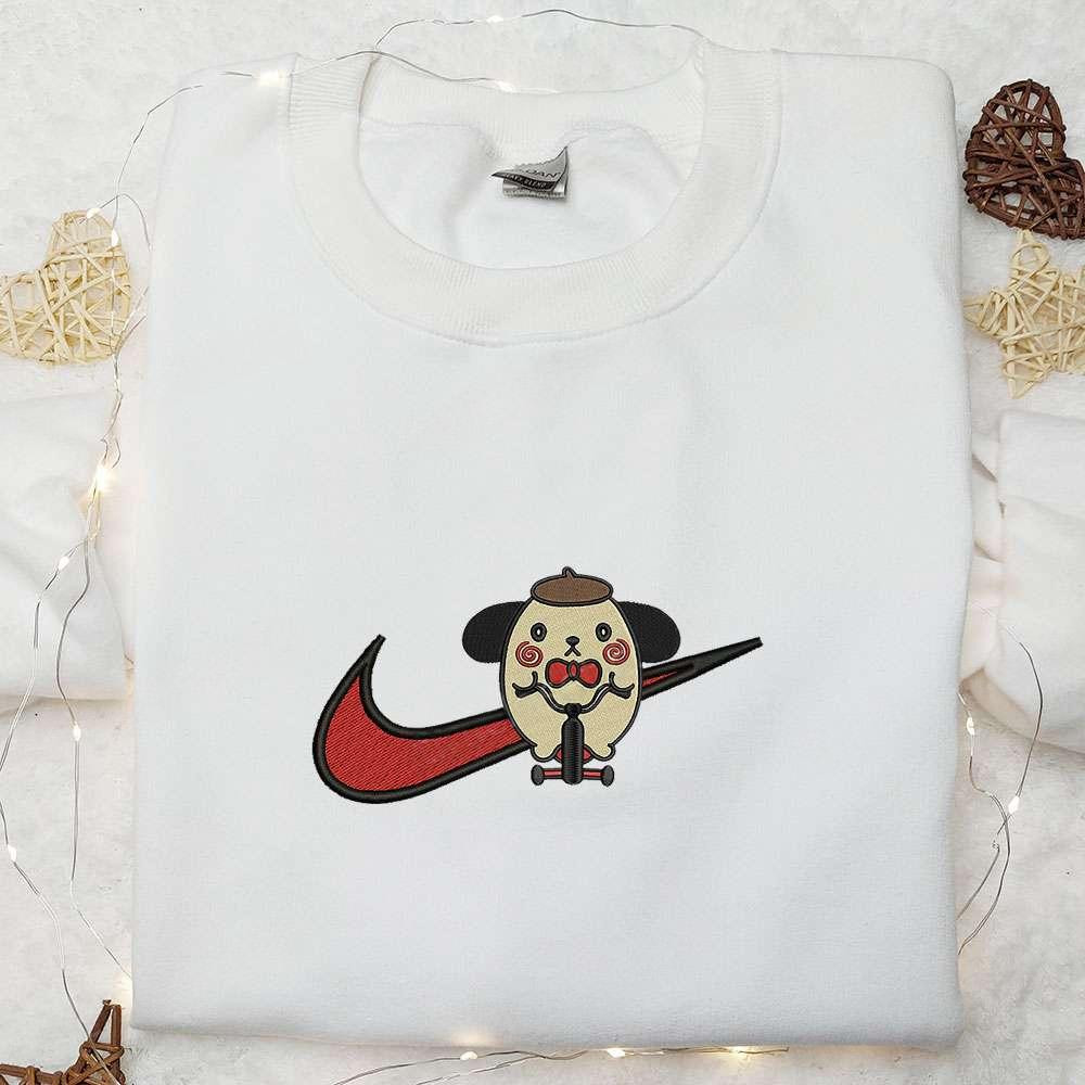 Swoosh x Pompompurin Jigsaw Embroidered Sweatshirt Nike Inspired Embroidered Shirt Funny Horror Halloween Embroidered T shirt