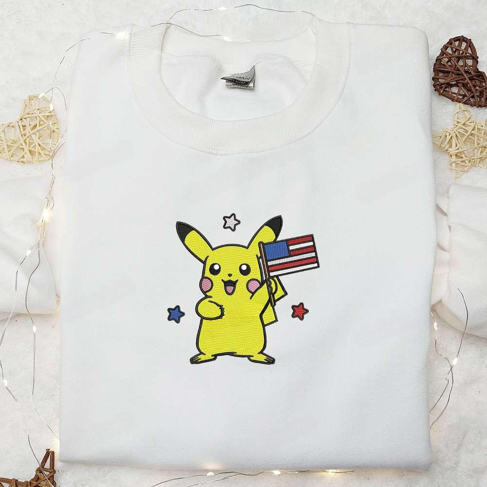 The 4Th Of July Pikachu Embroidered Shirt , Anime Embroidered T-shirt Sweatshirt Hoodie, Inspired Anime Movie, Best Gift for Anime Fans