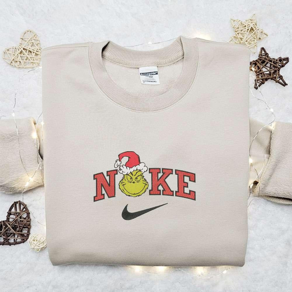 The Villian Grinch Head x Nike Christmas Embroidered Sweatshirt Movie Merry Christmas Embroidered Shirt Best Christmas Day Gift Ideas