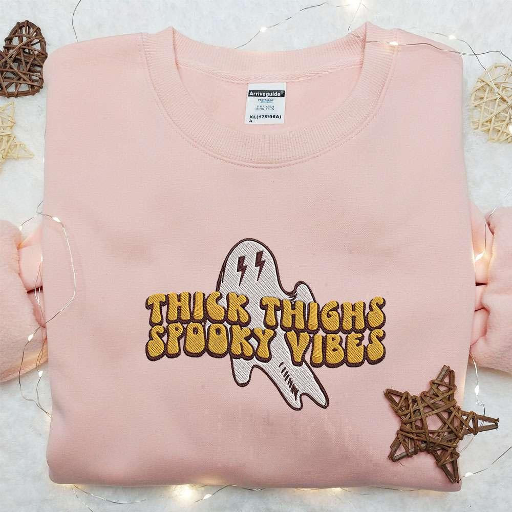 Thick Thighs Spooky Vibes Ghost Embroidered Shirt Halloween Embroidered Hoodie Best Gifts For Family