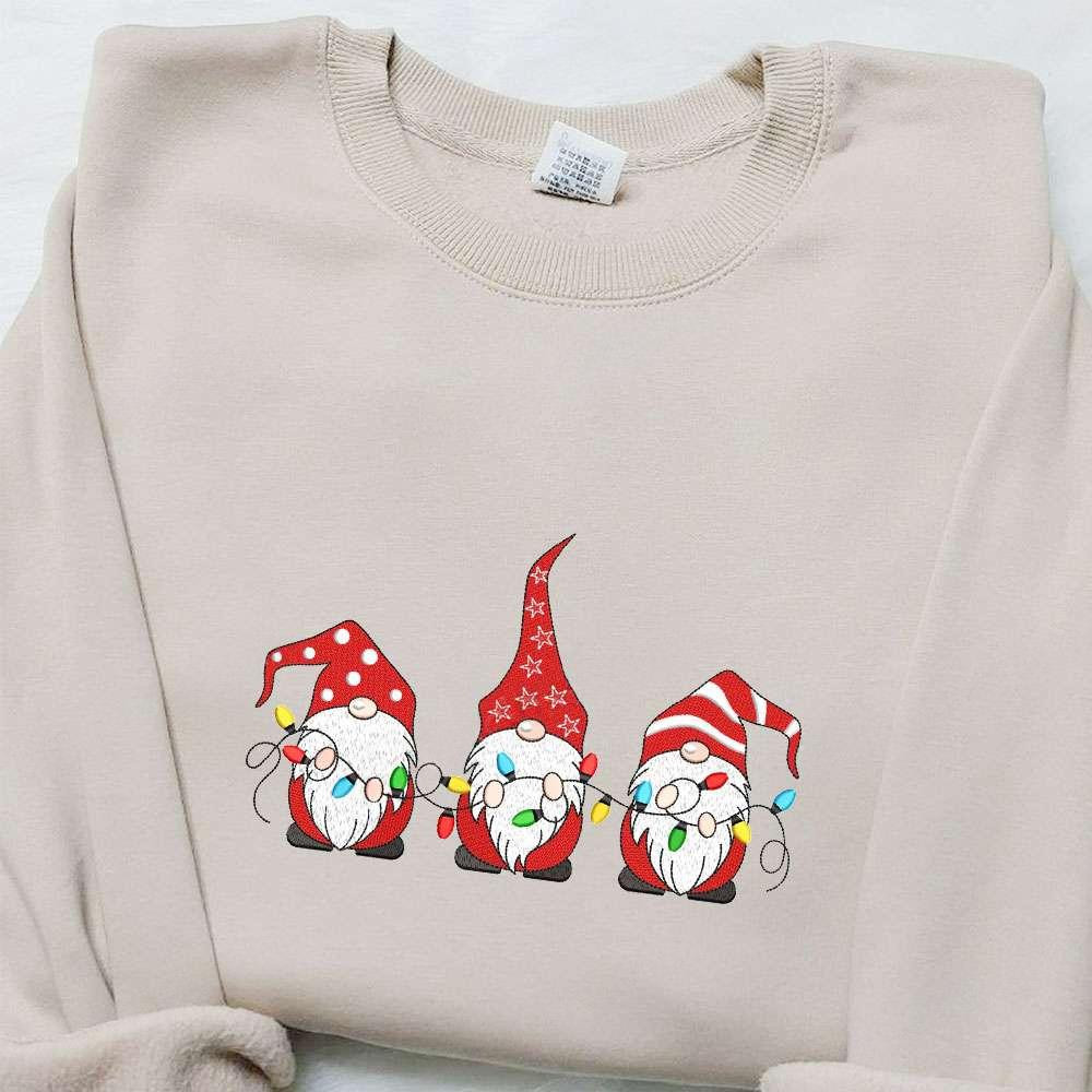 Three Cute Gnomes Christmas Lights Embroidered Hoodie Christmas Embroidered Hoodie Best Christmas Gift Ideas For Family
