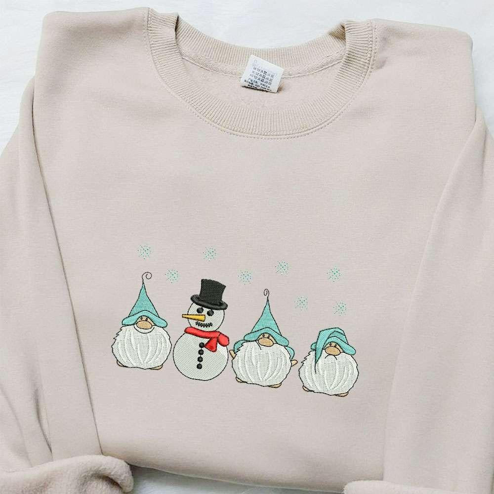 Three Cute Mini Gnomes Snowman Embroidered Shirt Cute Christmas Embroidered Shirt Best Christmas Gift Ideas