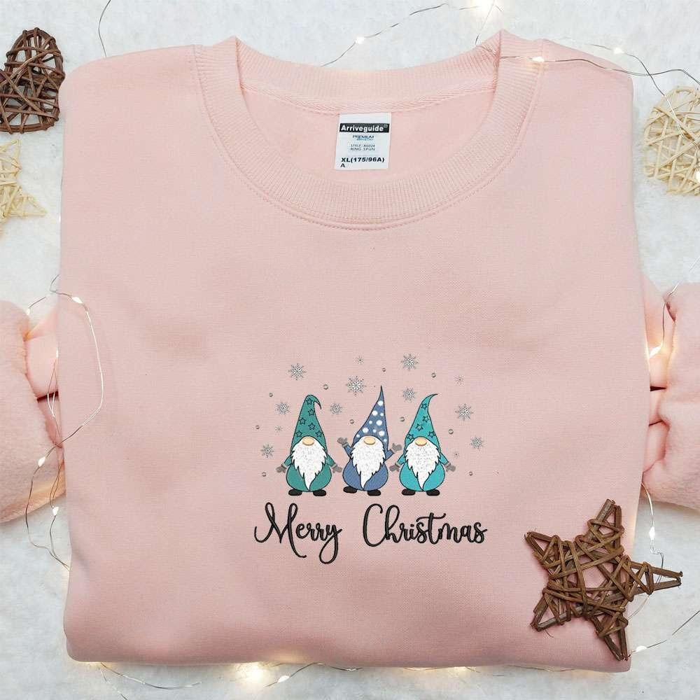 Three Gnomes Blue Merry Christmas Snow Embroidered Shirt Christmas Embroidered Hoodie Best Christmas Gifts For Family