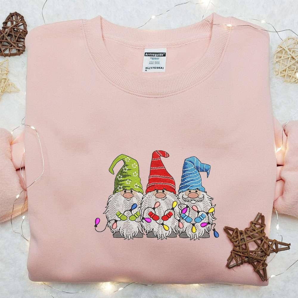 Three Gnomes Christmas Lights Embroidered Hoodie Cute Christmas Embroidered Shirt Best Christmas Gift Ideas For Family