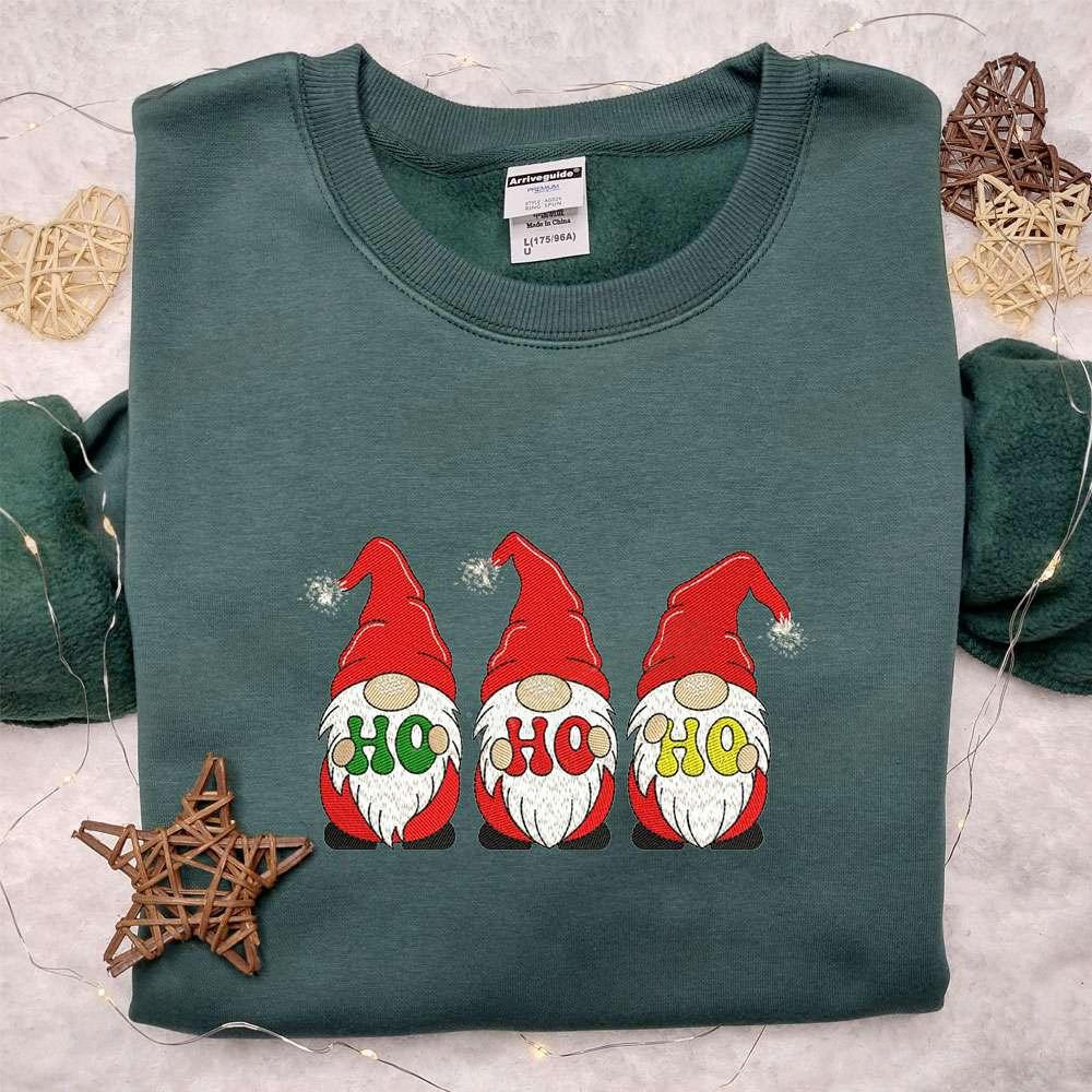 Three Gnomes Ho Ho Ho Embroidered Hoodie Funny Christmas Embroidered Shirt Best Christmas Gift Ideas For Family