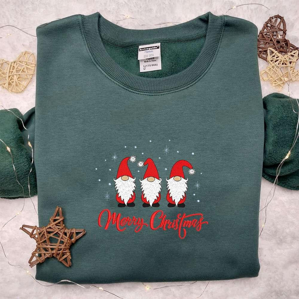 Three Gnomes Merry Christmas Embroidered Shirt Christmas Embroidered Hoodie Best Christmas Gifts For Family