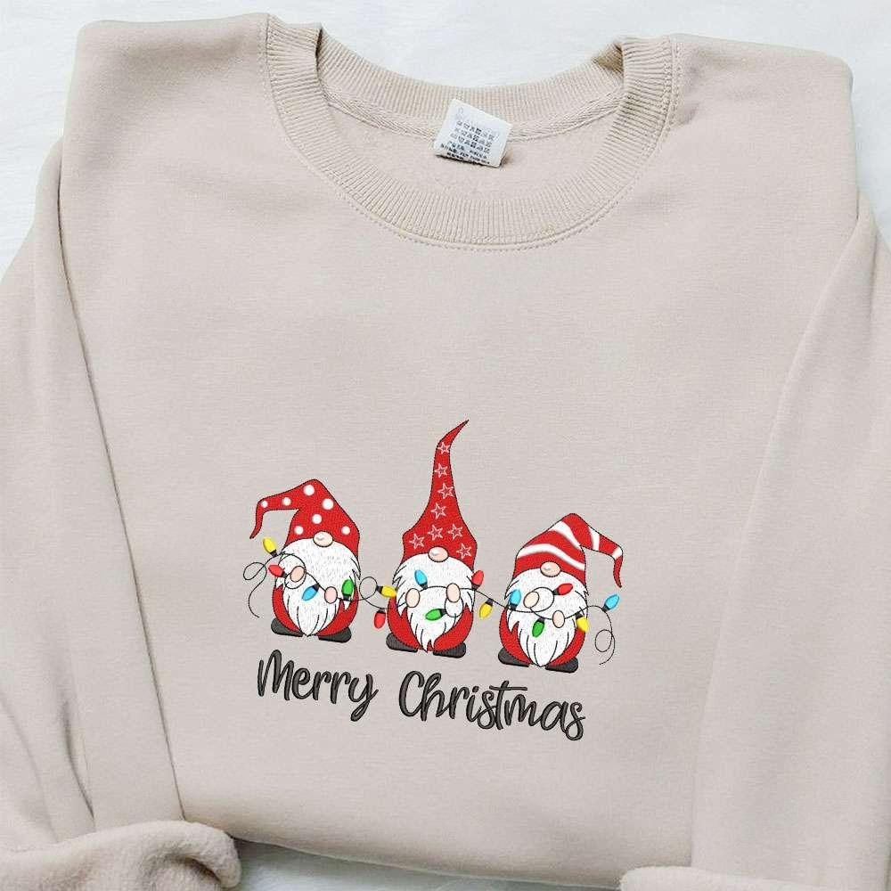 Three Gnomes Merry Christmas Lights Embroidered Shirt Christmas Embroidered Hoodie Best Christmas Gifts For Family 1