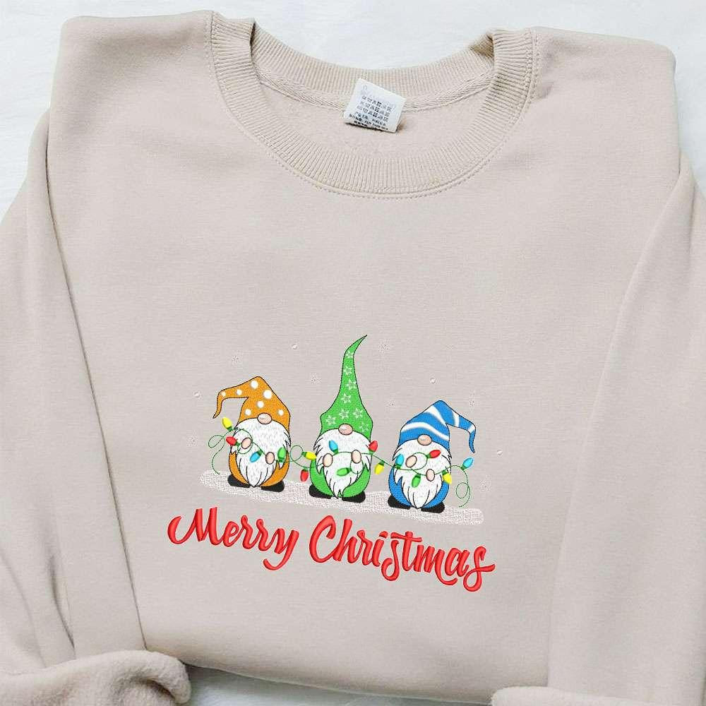 Three Gnomes Merry Christmas Lights Embroidered Shirt Christmas Embroidered Hoodie Best Christmas Gifts For Family 1