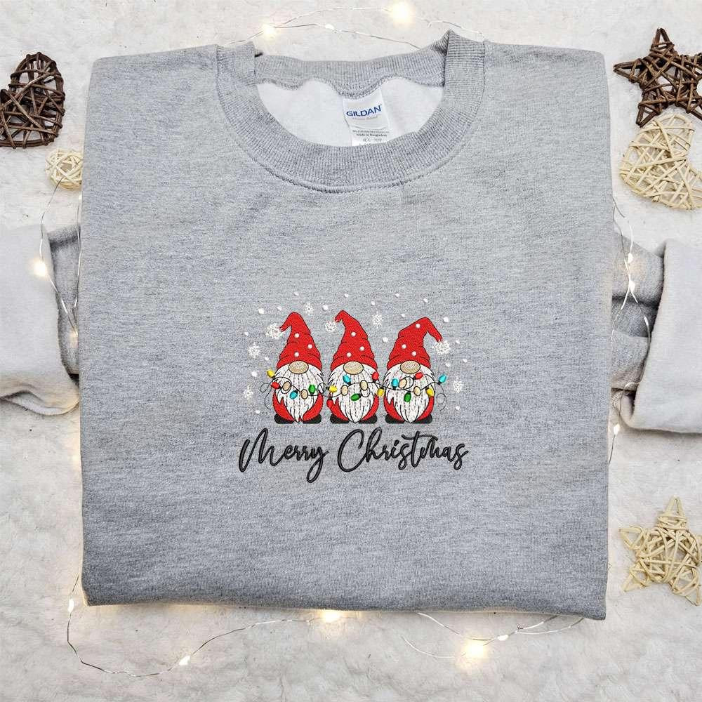 Three Gnomes Merry Christmas Lights Embroidered Shirt Christmas Embroidered Hoodie Best Christmas Gifts For Family