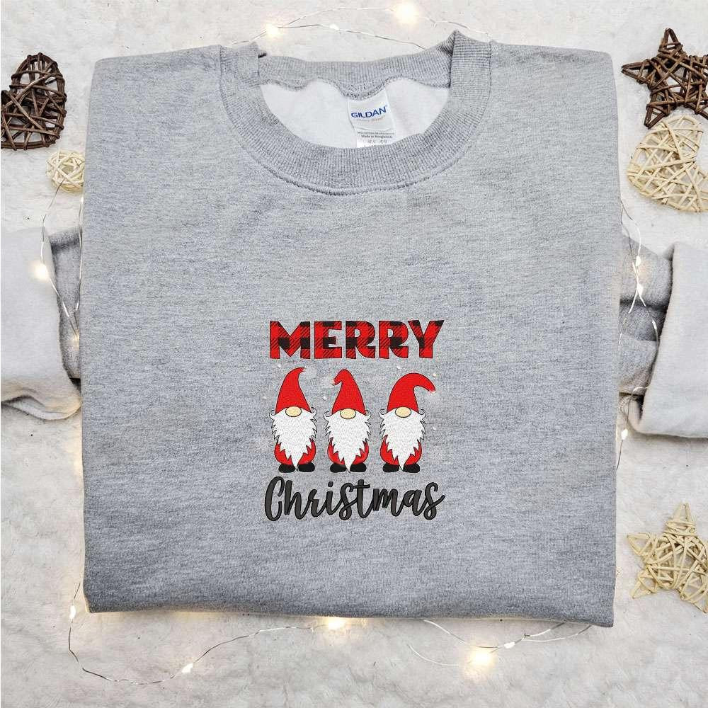 Three Gnomes Merry Christmas Plaid Embroidered Shirt Christmas Embroidered Hoodie Best Christmas Gifts For Family