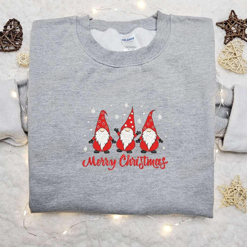 Three Gnomes Merry Christmas Snow Embroidered T shirt Christmas Embroidered Hoodie Best Christmas Gift Ideas