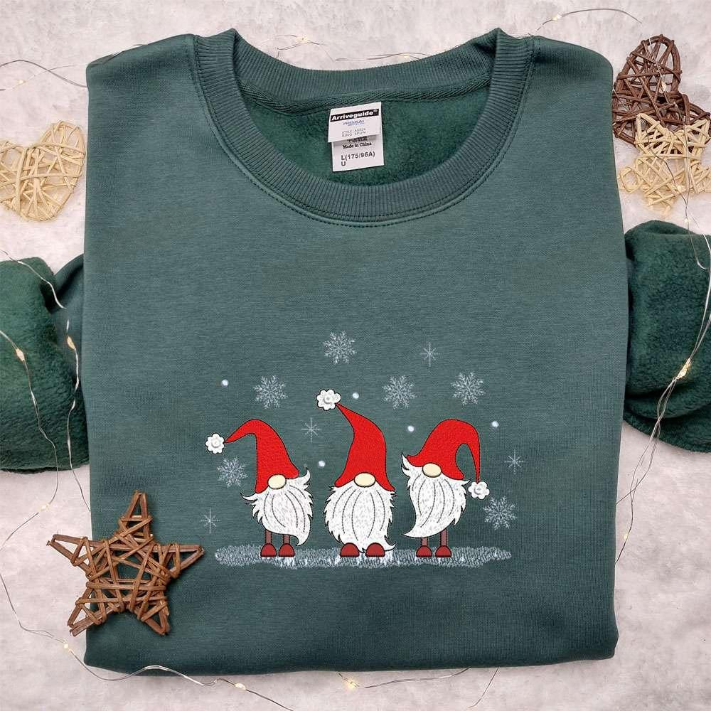 Three Gnomes Snow Embroidered Hoodie Cute Christmas Embroidered T shirt Best Christmas Gift Ideas For Family