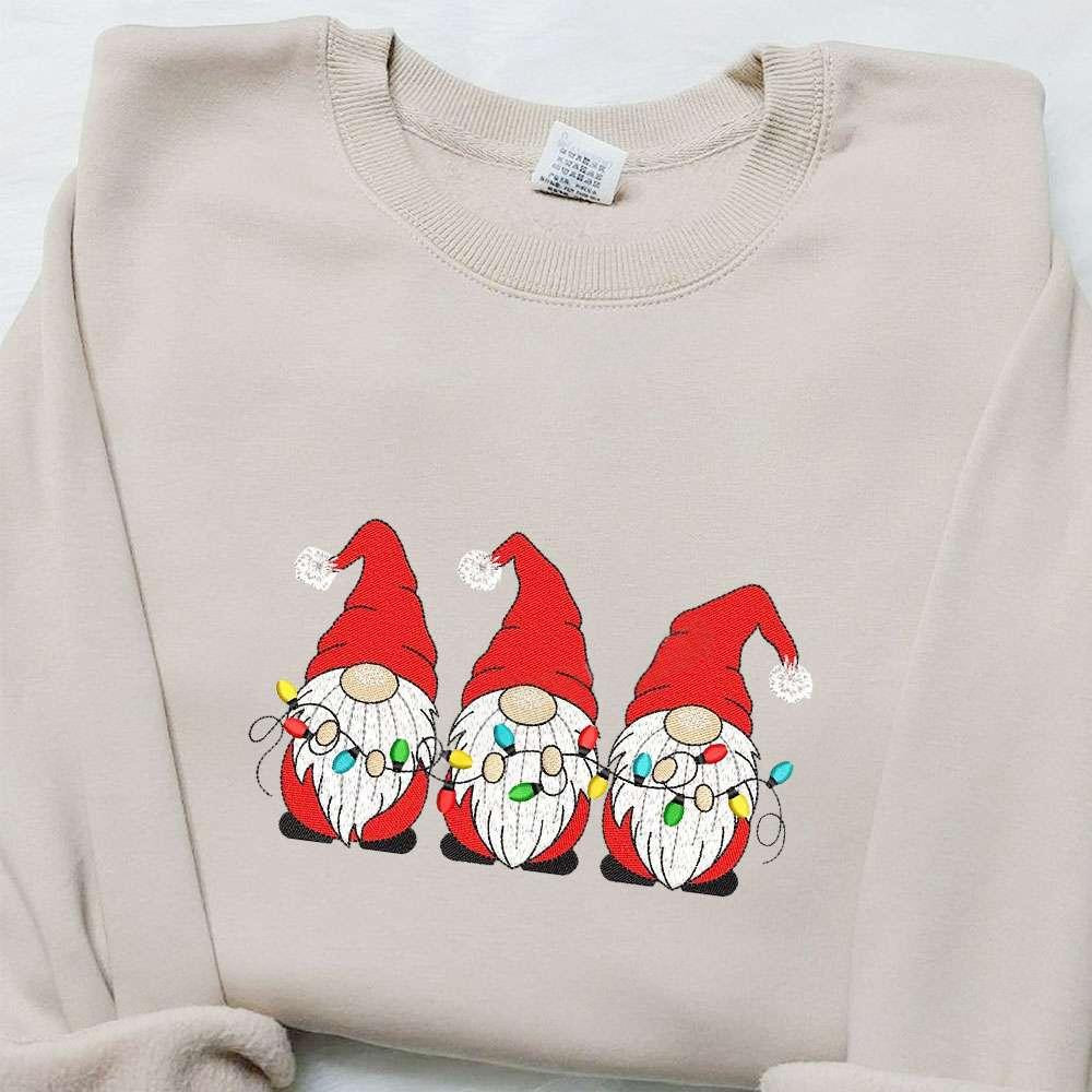 Three Little Gnomes With Lights Embroidered Sweatshirt Christmas Embroidered Hoodie Best Christmas Gift Ideas