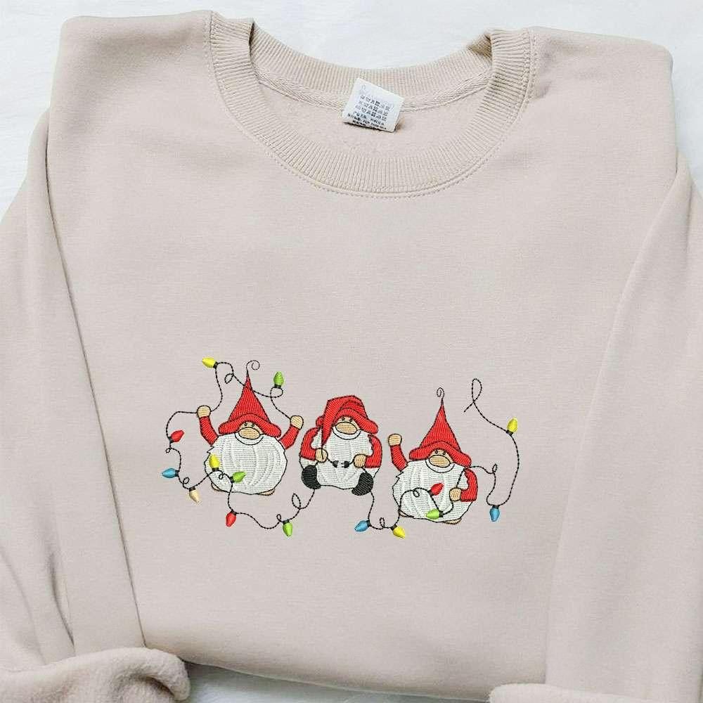 Three Mini Gnomes Christmas Lights Embroidered Shirt Christmas Embroidered T shirt Best Christmas Gift Ideas For Family