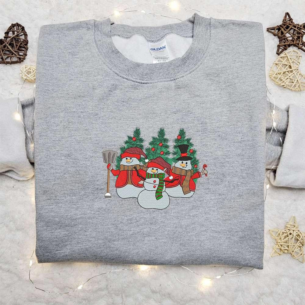 Three Snowmans Christmas Trees Embroidered Shirt Christmas Embroidered Hoodie Best Gifts For Family