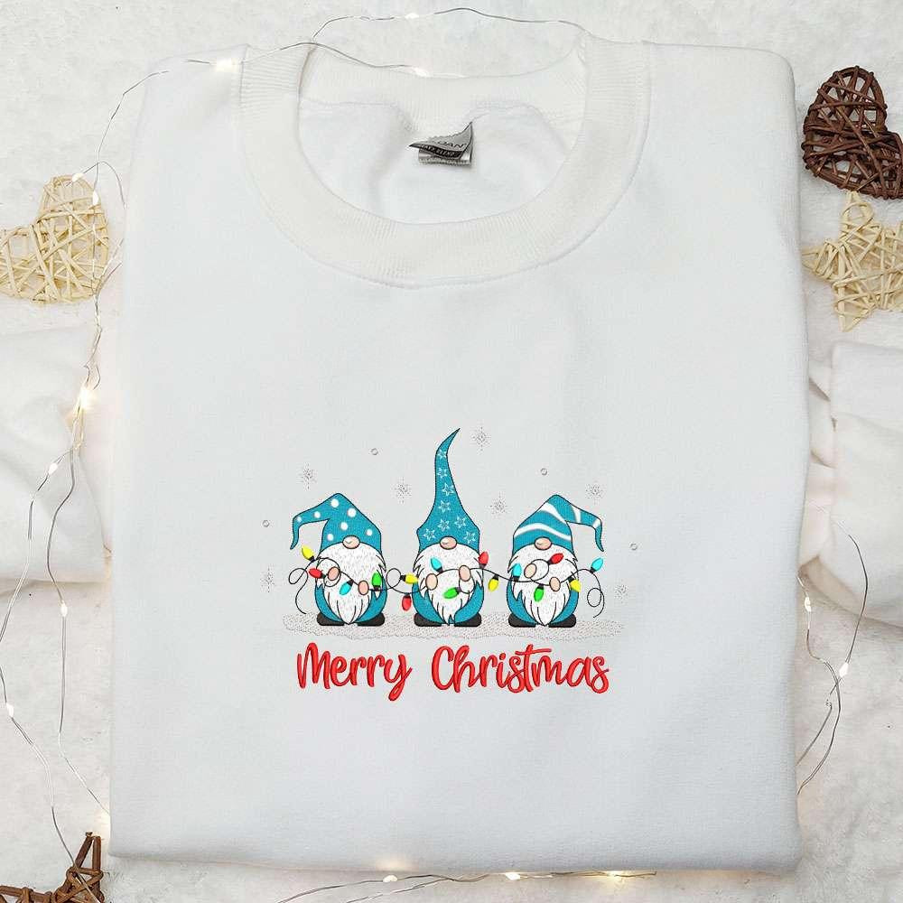 Three Winter Gnomes With Lights Embroidered Shirt Christmas Embroidered Shirt Best Christmas Gift Ideas For Family