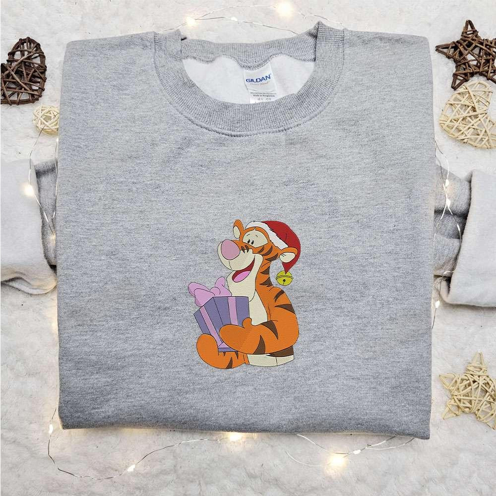 Tigger With Christmas Gift Embroidered Shirt Disney Characters Embroidered Hoodie Christmas Embroidered Sweatshirt