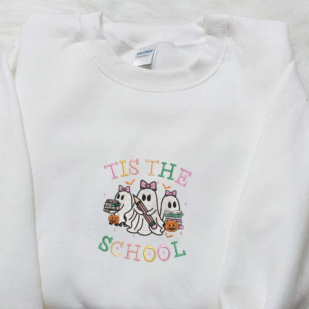 Tis The School Coquette Halloween Ghost Back To School Embroidered Shirt