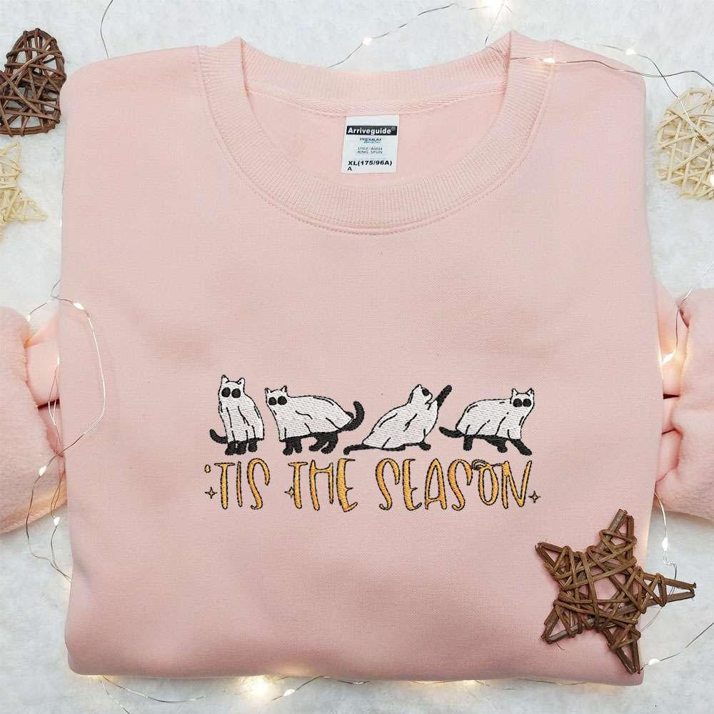 Tis The Season Cats Ghost Embroidered Shirt Funny Halloween Embroirdered Shirt Best Halloween Gifts for Family