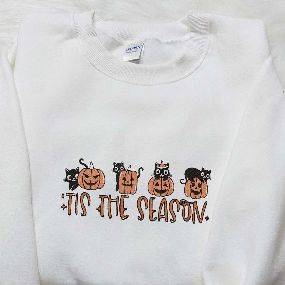 Tis The Season Retro Cat Pumpkin Embroidered Shirt Vintage Halloween Embroidered Hoodie Best Halloween Gift Ideas