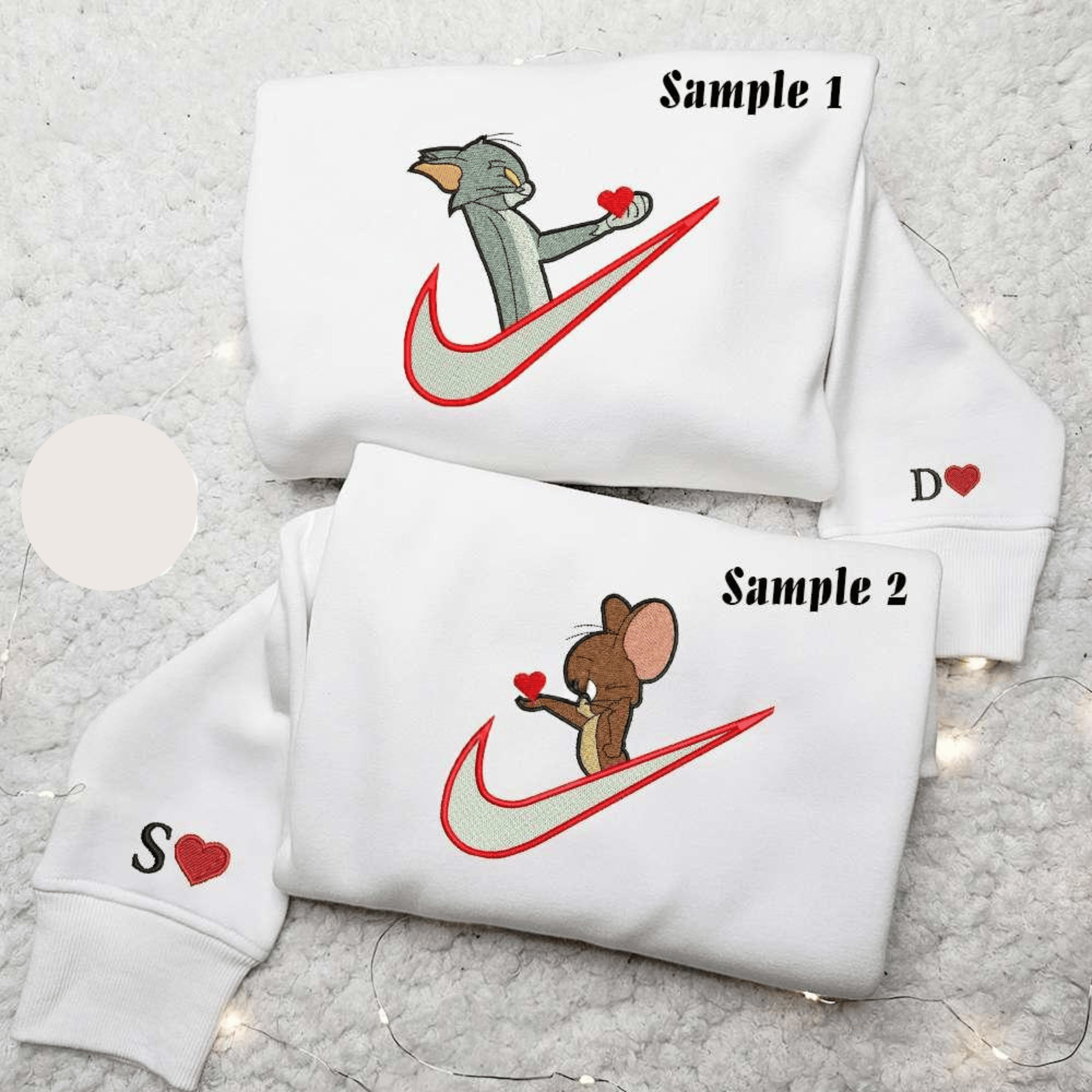 Tom And Jerry Giving Heart x Nike Couple Embroidered Shirt Cartoon Embroidered Hoodie Valentines Day Embroidered Sweatshirt