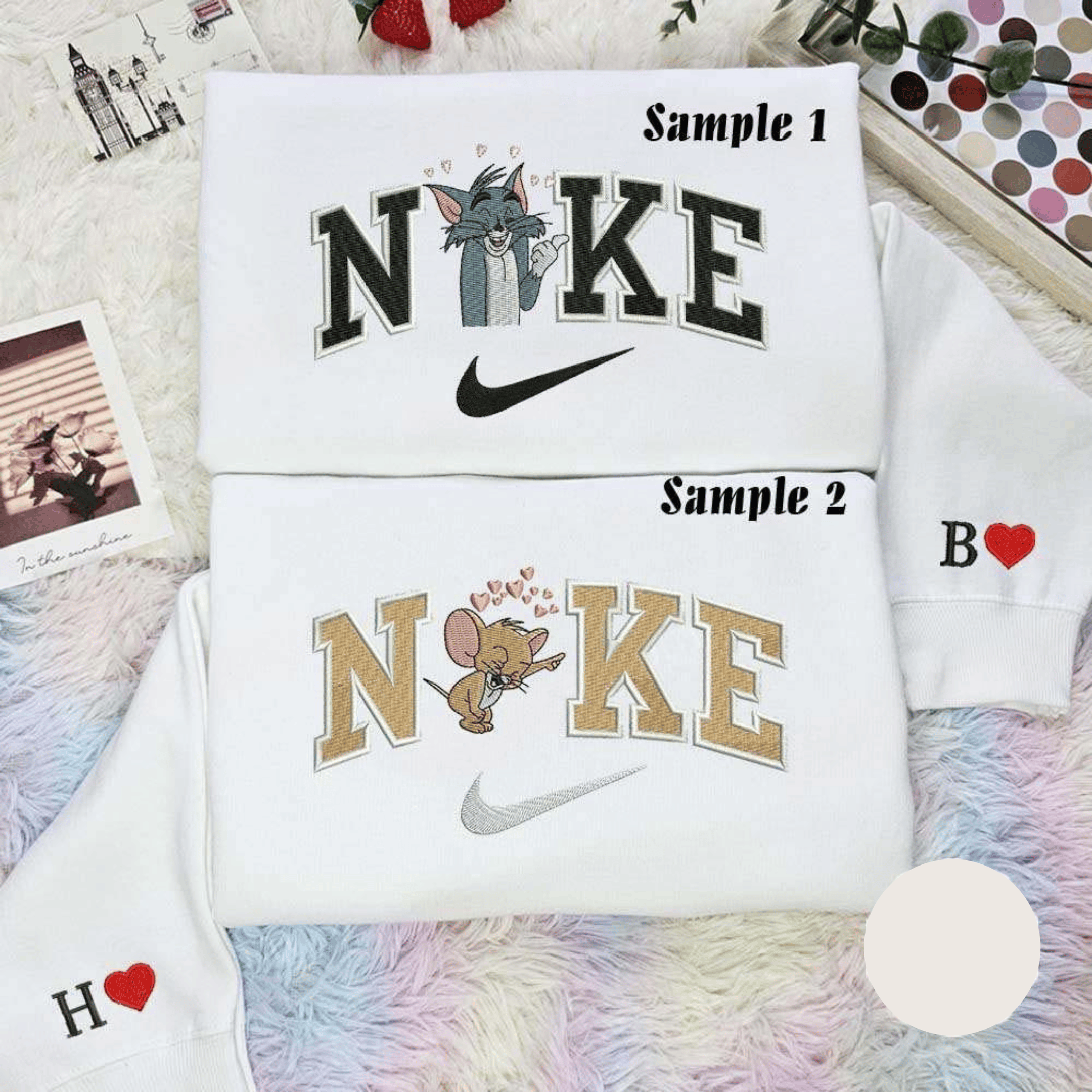 Tom And Jerry Laughing Hearts Embroidered Shirts Cartoon Embroidered Couples Shirts