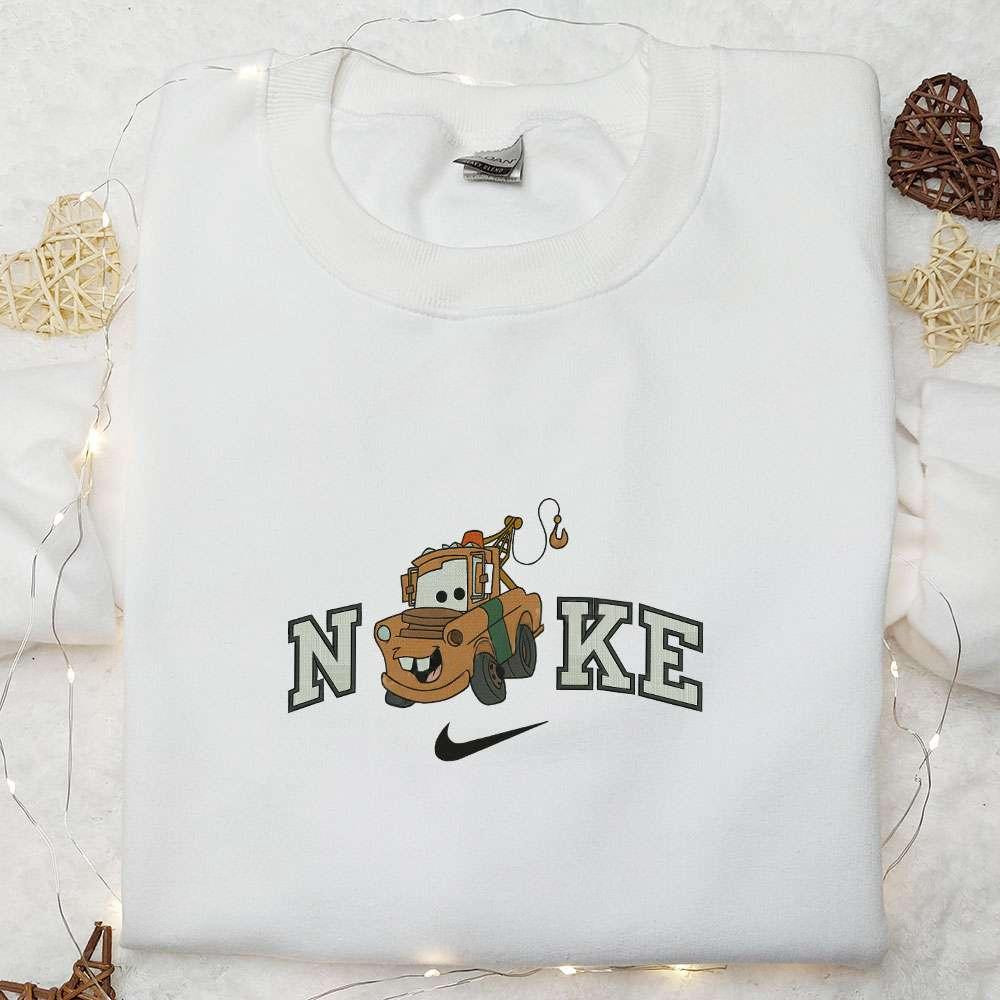 Tow Mater x Nike Embroidered Hoodie Pixar Cars Disney Cartoon Embroidered T shirt Nike Inspired Embroidered Sweatshirt