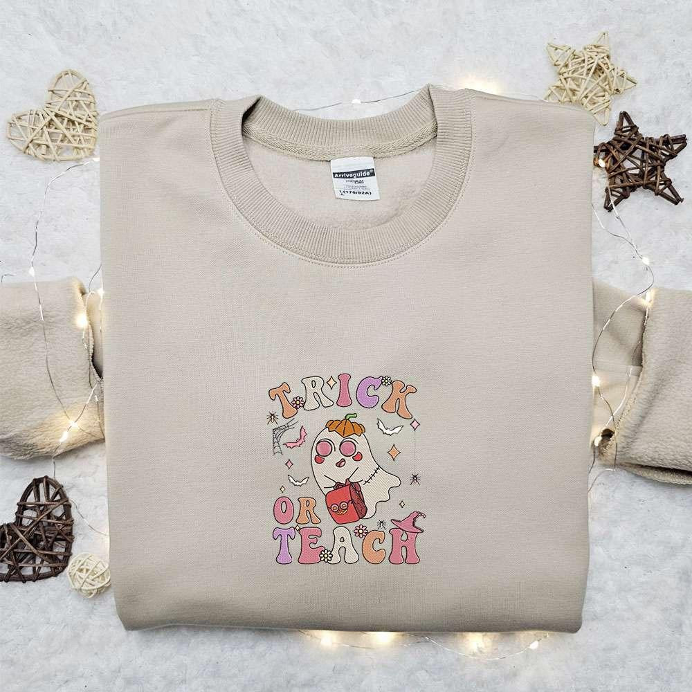Trick Or Teach Boo Ghost Embroidered Sweatshirt Cute Halloween Embroidered Hoodie Best Halloween Gift Ideas