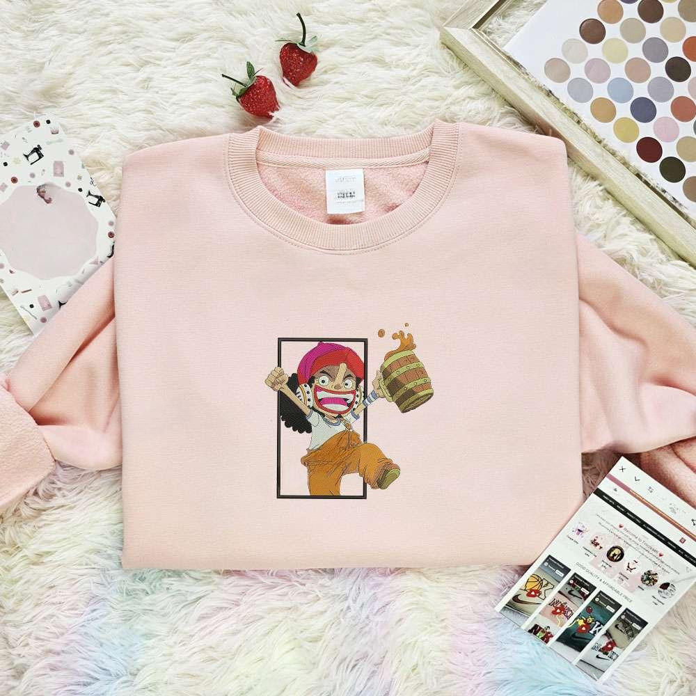 Usopp Drink Beer One Piece Anime Embroidered Shirt , Anime Embroidered T-shirt Sweatshirt Hoodie, Inspired Anime Movie, Best Gift for Anime Fans
