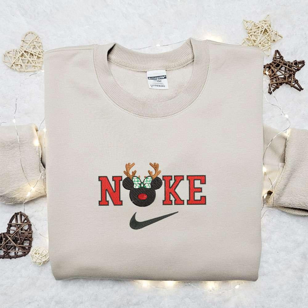 Vintage Minnie Mouse Head Reinder x Nike Christmas Embroidered Sweatshirt Disney Characters Movie Merry Christmas Embroidered Shirt Best Christmas Day Gift Ideas