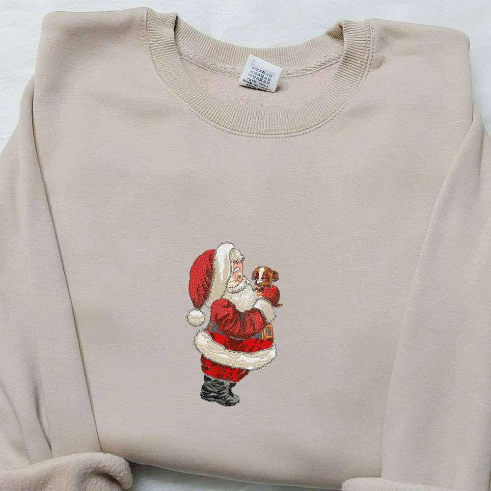 Vintage Santa With Puppy Embroidered Shirt Retro Christmas Embroidered Hoodie Best Christmas Gifts For Family