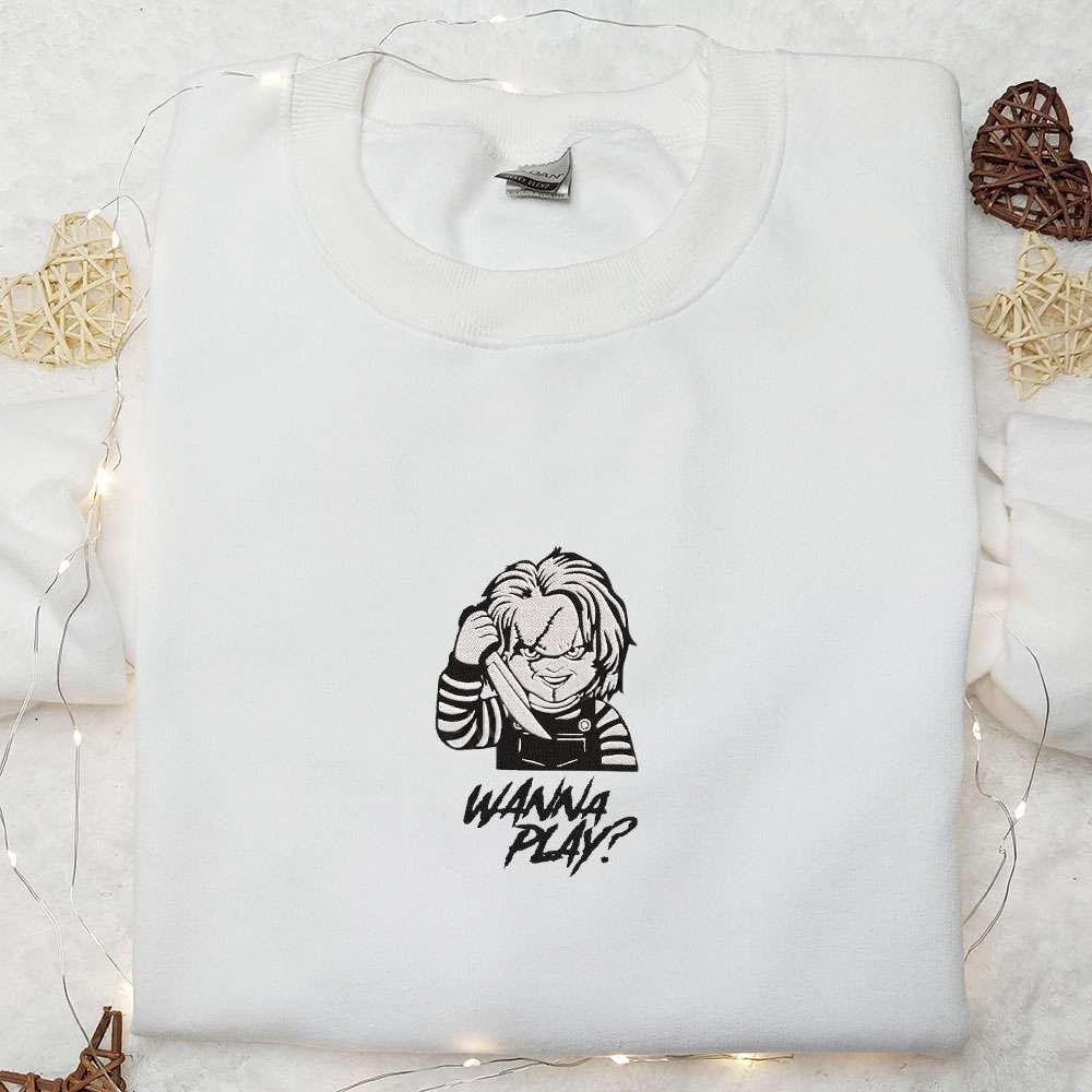 Wanna Play Chucky Embroidered Shirt Scary Halloween Embroidered Shirt Best Halloween Gifts for Family