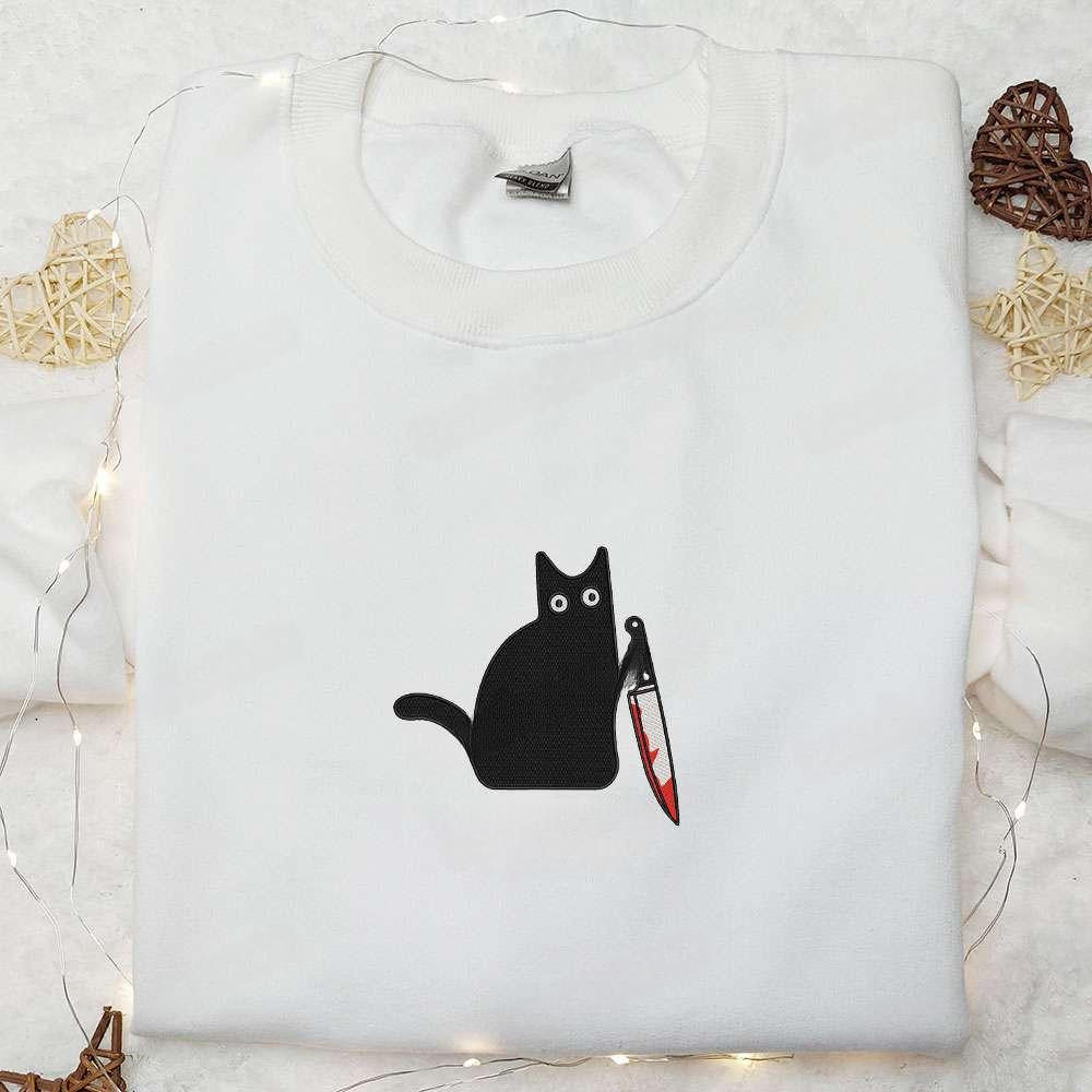 What Funny Black Cat With Knife Embroidered Shirt Halloween Embroidered Shirt , Anime Embroidered T-shirt Sweatshirt Hoodie, Inspired Anime Movie, Best Gift for Anime Fans