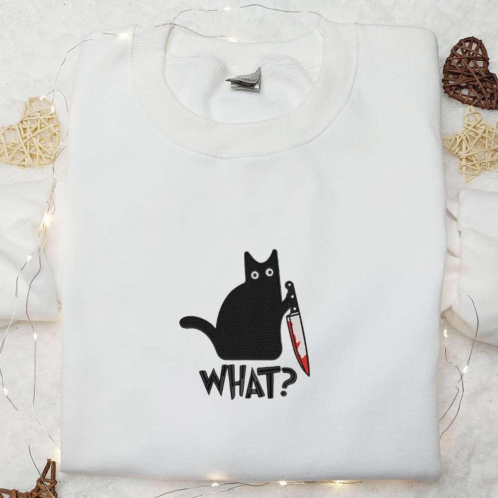 What Funny Black Cat with Knife Embroidered Shirt Halloween Embroidered Shirt Best Halloween Gifts